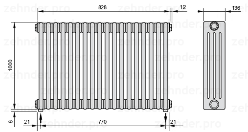Схема (чертеж) Радиатор Zehnder Charleston 4100/18 №3570 Белый глянцевый RAL 9016